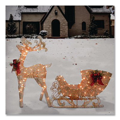 National Tree Company Champagne Reindeer Pulling Sleigh, AC Power, Warm White LED Lights, 13.5" x 24" x 48" Reindeer, 13.5" x 38.5" x 24" Sleigh (DF140009U)