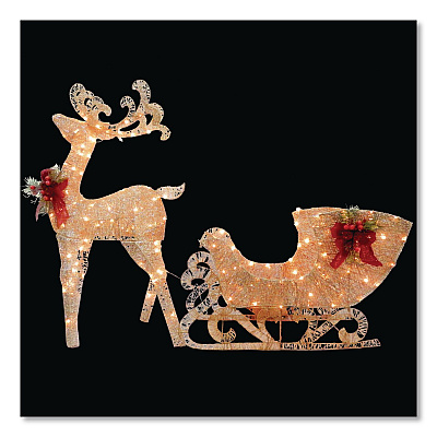 National Tree Company Champagne Reindeer Pulling Sleigh, AC Power, Warm White LED Lights, 13.5" x 24" x 48" Reindeer, 13.5" x 38.5" x 24" Sleigh (DF140009U)