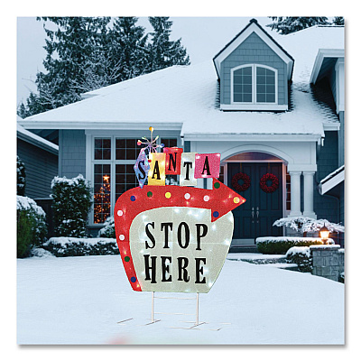 National Tree Company Pre-Lit Vintage Vegas Santa Sign, AC Powered, Cool White/Red/Warm White LED Lights, 12" x 36" x 50.5", Red (DF21078001C)