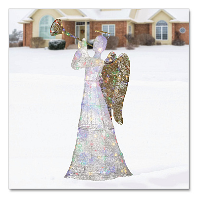 National Tree Company Trumpeting White Angel, AC Powered, Blue/Green/Red/Yellow LED Lights, 18" x 33" x 60", White (DF21210001L)