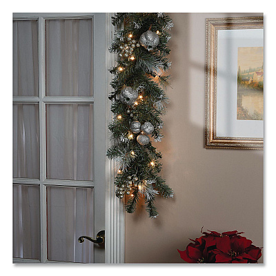 National Tree Company Pre-Lit Glittery Pine Pomegranate Garland, AC Powered, Clear Incandescent Lights, 108" Long, Green (GTP13029B1)