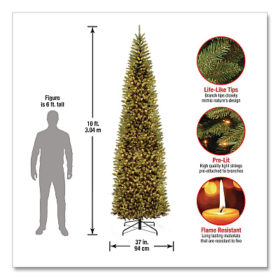 National Tree Company Pre-Lit Kingswood Fir Pencil Slim Tree, 37" x 37" x 120", Green Tree, Green Tree Stand (KW7300100)
