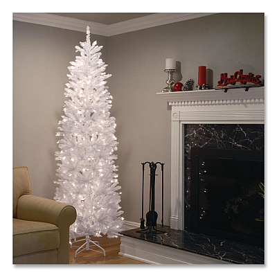 National Tree Company Pre-Lit Kingswood Fir Pencil Slim Tree, 35" x 35" x 108", White Tree, White Tree Stand (KWW730090)