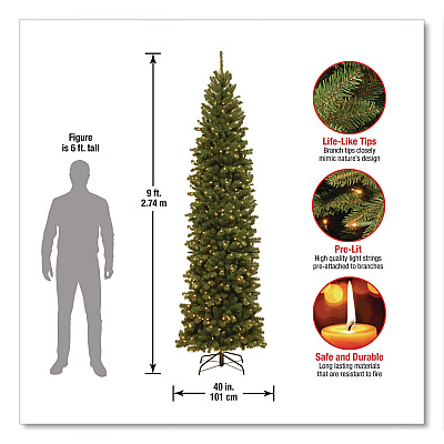 National Tree Company Pre-Lit North Valley Spruce Pencil Slim Tree, 40" x 40" x 108", Green Tree, Green Tree Stand (NRV735890)