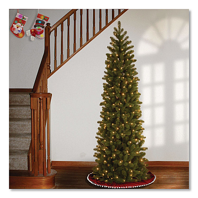 National Tree Company Pre-Lit Downswept Douglas Fir Pencil Slim Tree, 30" x 30" x 78", Green Tree, Green Tree Stand (PEDD439265)