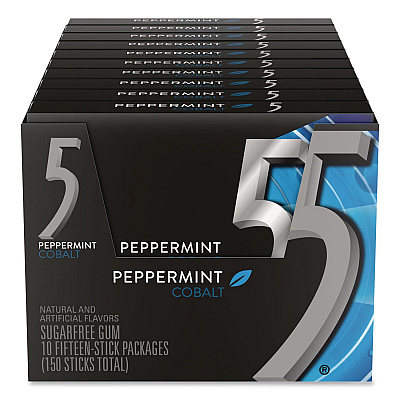 Wrigley's 5 Gum, Peppermint Cobalt, 15 Sticks/Pack, 10 Packs/Carton (22002640)