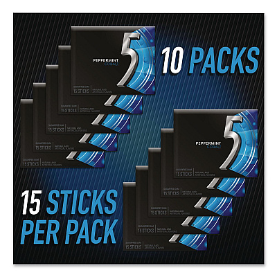 Wrigley's 5 Gum, Peppermint Cobalt, 15 Sticks/Pack, 10 Packs/Carton (22002640)