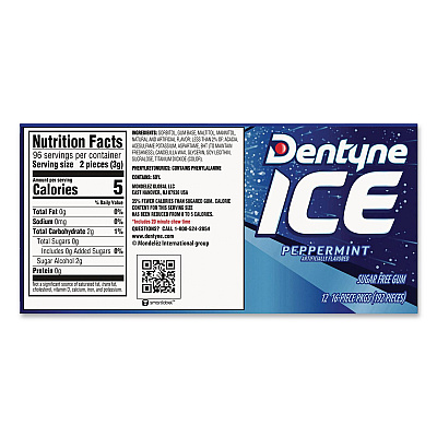 Dentyne Ice Sugarless Gum, Peppermint Flavor, 16 Pieces/Pack, 12 Packs/Carton (22002647)