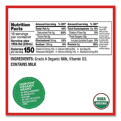 Horizon Organic Shelf-Stable Whole Milk Boxes, 8 oz Box, 18/Carton (22002680)