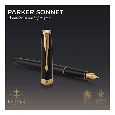 Parker Sonnet Fountain Pen, with Gift Box, Medium 1 mm, Black Ink, Black/Gold Barrel (1931495)