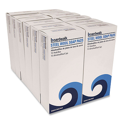 Boardwalk Steel Wool Soap Pads, 3" x 2.5", Blue, 15 Pads/Box, 12 Boxes/Carton (STWLPAD)