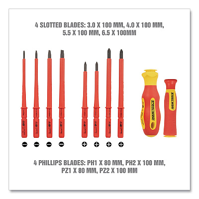OEMTOOLS Insulated 10-Piece Interchangeable Bit Screwdriver Set, Metric Phillips and Slotted Blade Bits, Orange/Yellow Handle (22593)