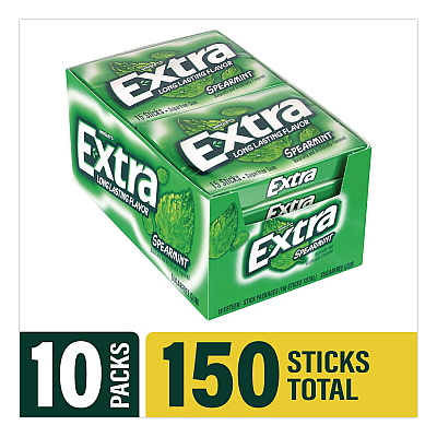 Wrigley's Extra Spearmint Sugar-Free Gum, Spearmint, 15 Sticks/Pack, 10 Packs/Carton (22002638)