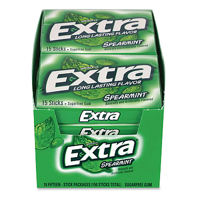 Wrigley's Extra Spearmint Sugar-Free Gum, Spearmint, 15 Sticks/Pack, 10 Packs/Carton (22002638)