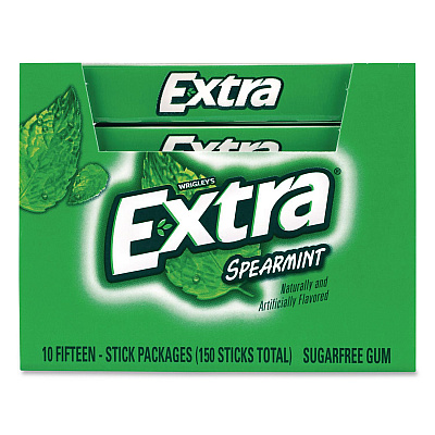 Wrigley's Extra Spearmint Sugar-Free Gum, Spearmint, 15 Sticks/Pack, 10 Packs/Carton (22002638)