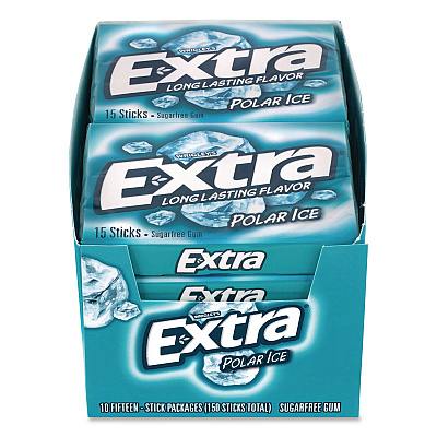 Wrigley's Extra Polar Ice Sugar-Free Gum, Polar Ice, 15 Sticks/Pack, 10 Packs/Carton (22002641)