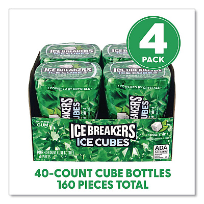 ICE BREAKERS Ice Cubes Spearmint Sugar-Free Gum, Spearmint, 40 Cubes/Bottle, 4 Bottles/Carton (22002651)