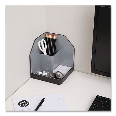 Advantus Fusion Plastic Corner Desktop Supplies Organizer, 2 Compartments, 6.67 x 7.4 x 6.67, Gray/Black, Plastic (38338)