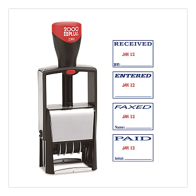 COSCO 2000PLUS 4-In-1 Message Date Stamp, 5 Years, ENTERED/FAXED/PAID/RECEIVED, 1.75 x 1.12, Red/Blue Ink (011035)