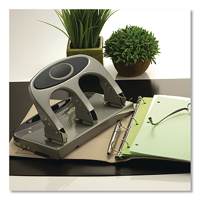 Officemate 45-Sheet Deluxe Desktop 3-Hole Punch, 0.25" Holes, Silver/Navy (90100)