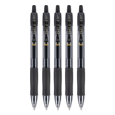 Pilot G2 Premium Gel Pen, Retractable, Fine 0.7 mm, Black Ink, Smoke/Black Barrel, 5/Pack (31078)