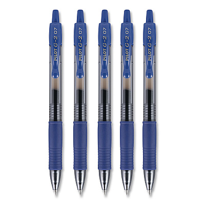 Pilot G2 Premium Gel Pen, Retractable, Fine 0.7 mm, Blue Ink, Smoke/Blue Barrel, 5/Pack (31299)