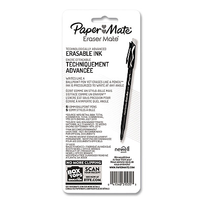 Paper Mate Eraser Mate Ballpoint Pen, Stick, Medium 1 mm, Blue Ink, Blue Barrel, 5/Pack (3153558PP)
