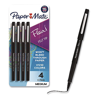 Paper Mate Flair Felt Tip Porous Point Pen, Stick, Medium 0.7 mm, Black Ink, Black Barrel, 4/Pack (8434452PP)