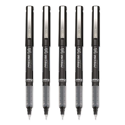 Pilot Precise V5 Rollerball Pen, Stick, Extra-Fine 0.5 mm, Black Ink, Black/Clear Barrel, 5/Pack (26010)