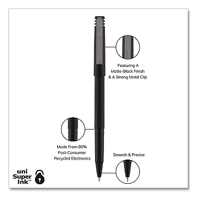 uniball Rollerball Pen, Stick, Micro 0.5 mm, Black Ink, Black Barrel (498774)