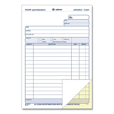 Adams General Purpose Forms, Two-Part Carbonless, 8.5 x 5.67, 100 Forms Total/Pack (NC2581)