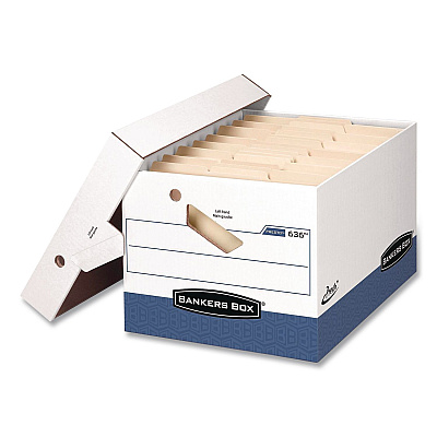 Bankers Box PRESTO Heavy-Duty Storage Boxes, Letter/Legal Files, 12 x 15 x 10, White/Blue, 4/Carton (0063602)