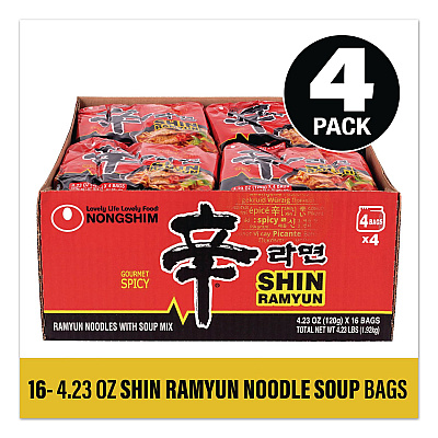 NONGSHIM Gourmet Spicy Ramyun Noodle Soup, Spicy Chicken, 4.23 oz Packet, 16/Carton (22002654)
