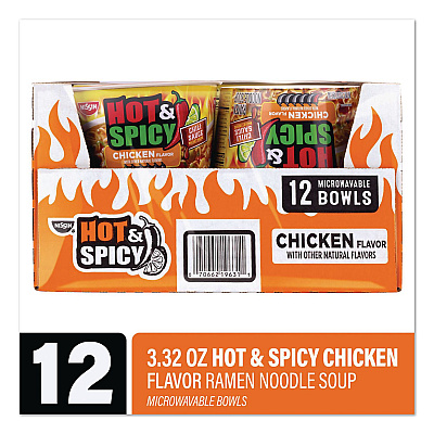 Nissin Hot and Spicy Chicken Soup Bowl, Chicken, 3.32 oz Bowl, 12/Carton (22002656)