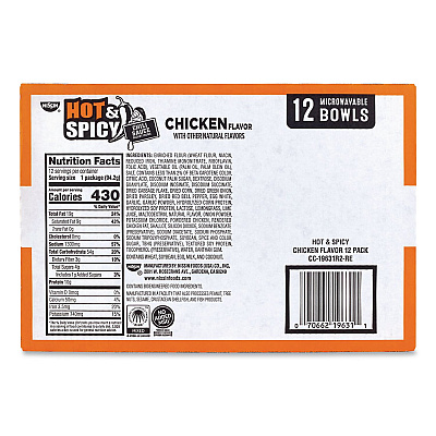 Nissin Hot and Spicy Chicken Soup Bowl, Chicken, 3.32 oz Bowl, 12/Carton (22002656)