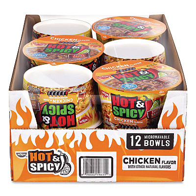 Nissin Hot and Spicy Chicken Soup Bowl, Chicken, 3.32 oz Bowl, 12/Carton (22002656)