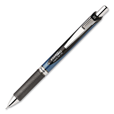 Pentel EnerGel RTX Gel Pen, Retractable, Fine 0.5 mm, Black Ink, Black/Blue Barrel, 3/Pack (BLN75BP3A)