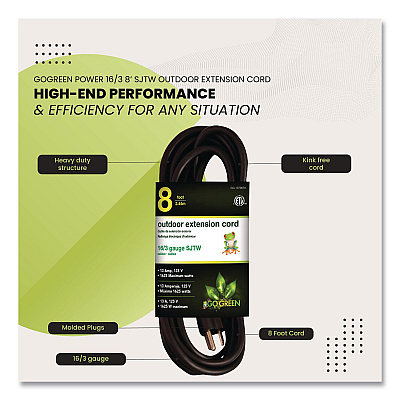 GoGreen Power 16 AWG Outdoor Extension Cord, 8 ft, 13 A, Black (GG13708BK)