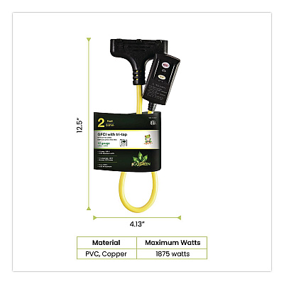 GoGreen Power Portable Tri-Tap with GFCI, 3 Outlets, 2 ft Cord, Yellow (GG12402)