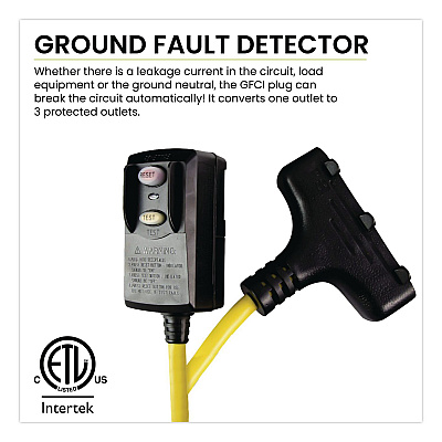 GoGreen Power Portable Tri-Tap with GFCI, 3 Outlets, 2 ft Cord, Yellow (GG12402)