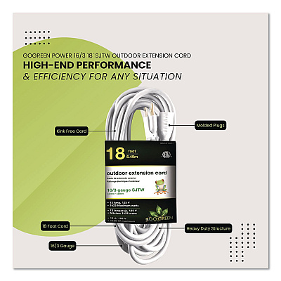 GoGreen Power 16 AWG Outdoor Extension Cord, 18 ft, 13 A, White (GG13718WH)