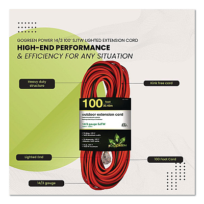 GoGreen Power 14 AWG Lighted End Heavy-Duty Extension Cord, 100 ft, 13 A, Orange/Black (GG13800)