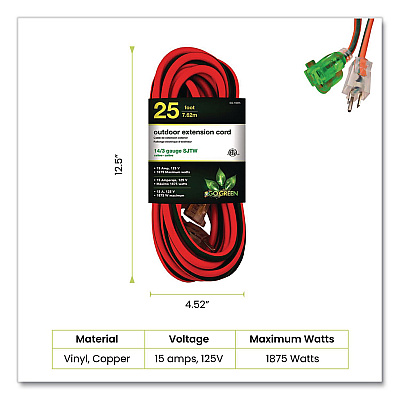 GoGreen Power 14 AWG Lighted End Heavy-Duty Extension Cord, 25 ft, 15 A, Orange/Black (GG13825)