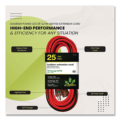 GoGreen Power 12 AWG Lighted End Heavy-Duty Extension Cord, 25 ft, 15 A, Orange/Black (GG14025)