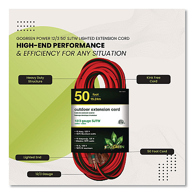 GoGreen Power 12 AWG Lighted End Heavy-Duty Extension Cord, 50 ft, 15 A, Orange/Black (GG14050)