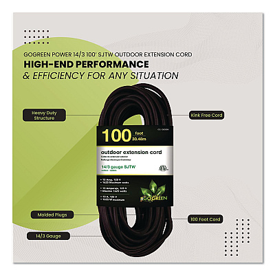 GoGreen Power 14 AWG Heavy-Duty Extension Cord, 100 ft, 13 A, Black (GG13800BK)