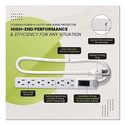 GoGreen Power 6 Outlet Mini Surge Protector, 2 ft Cord, 160 J, Black (GG16103MINBK)