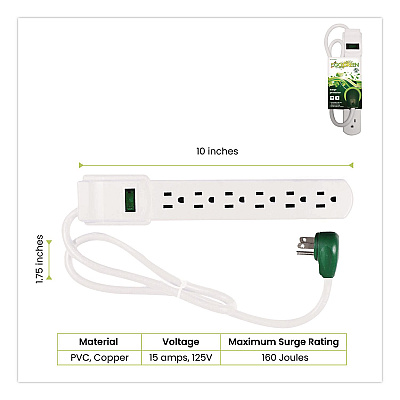 GoGreen Power 6 Outlet Surge Protector, 2.5 ft Cord, 160 J, White (GG16103MS)
