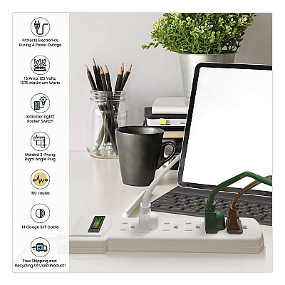 GoGreen Power 6 Outlet Surge Protector, 2.5 ft Cord, 160 J, White (GG16103MS)