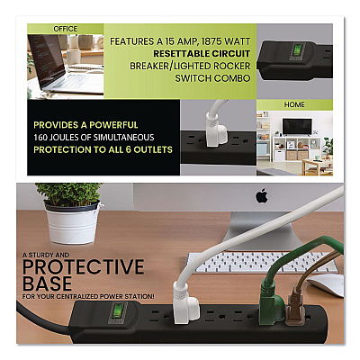 GoGreen Power 6 Outlet Surge Protector, 2.5 ft Cord, 160 J, Black (GG16103MSBK)